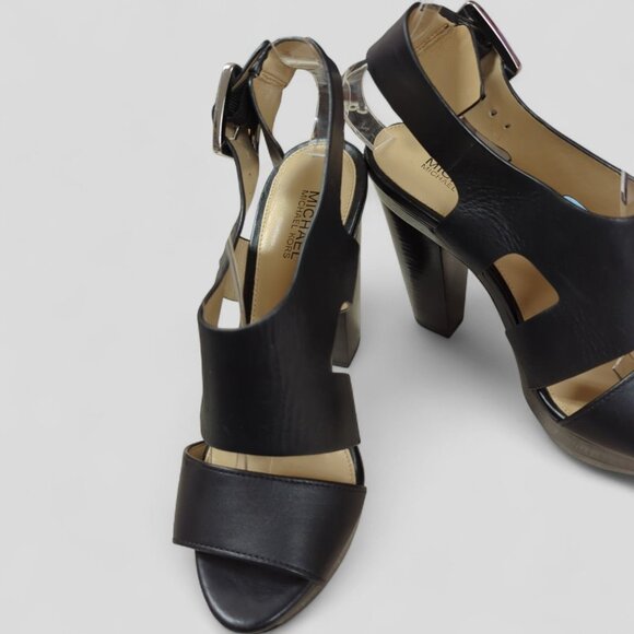 New MICHAEL KORS Carla Platform Sandal Heel Size 5.5 Black Leather Buckle NO Box - Picture 7 of 12